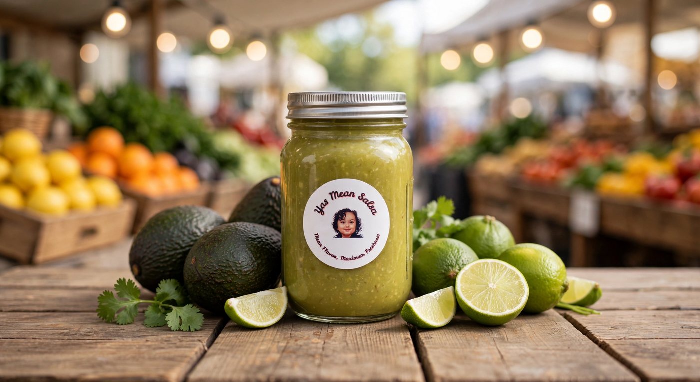 Jar of Yas Mean Salsa avocado dip with whole avocados, limes, and cilantro on a wooden table at a farmers market