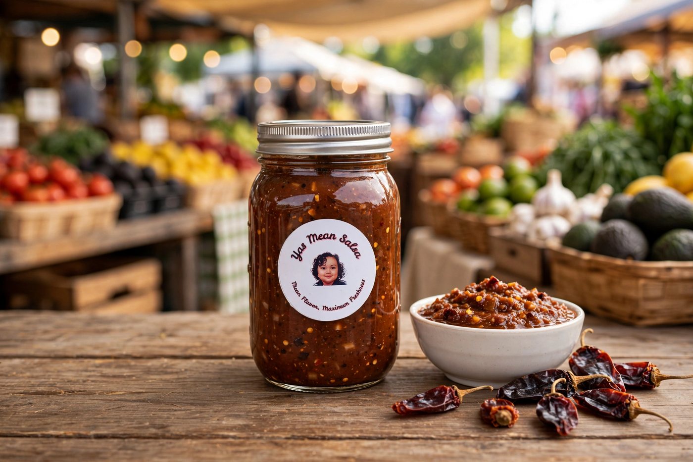 Jar of Yas Mean Salsa chipotle salsa with a bowl of salsa and dried chiles on a wooden table at a farmers market
