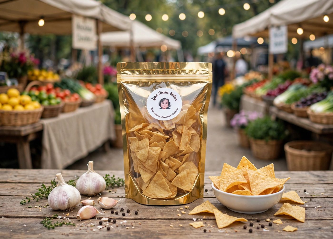 Gold bag of Yas Mean Salsa black pepper garlic chips with a bowl of chips, garlic, and peppercorns on a wooden table at a farmers market