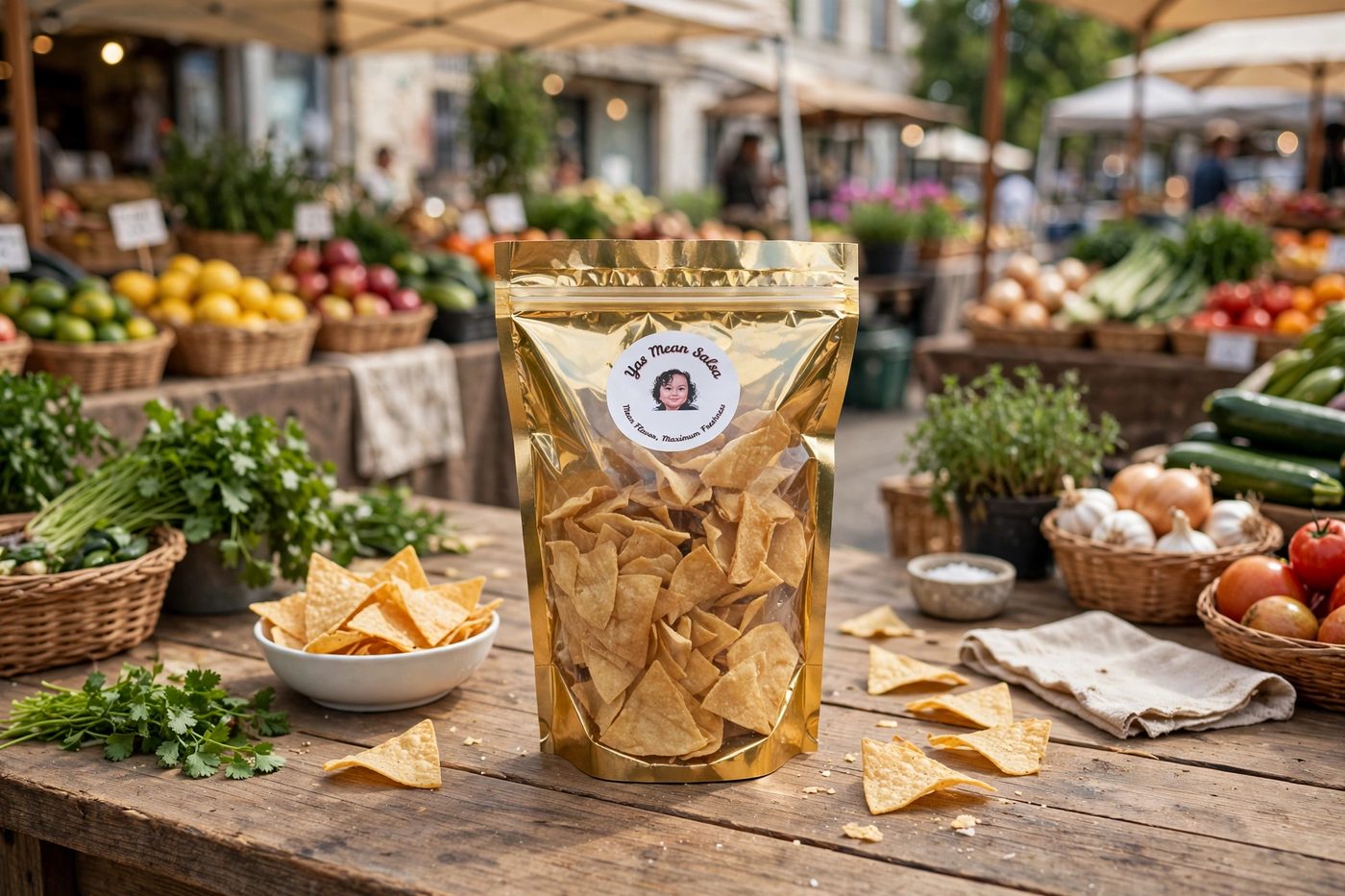 Gold bag of Yas Mean Salsa sea salt chips with a bowl of chips on a wooden table at a farmers market