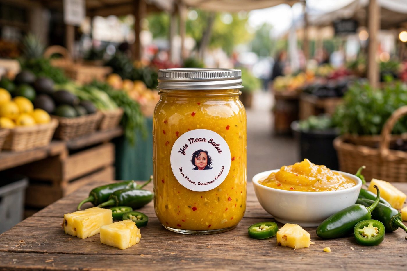 Jar of Yas Mean Salsa cowgirl candy with a bowl of cowgirl candy, pineapple chunks, and jalapeños on a wooden table at a farmers market