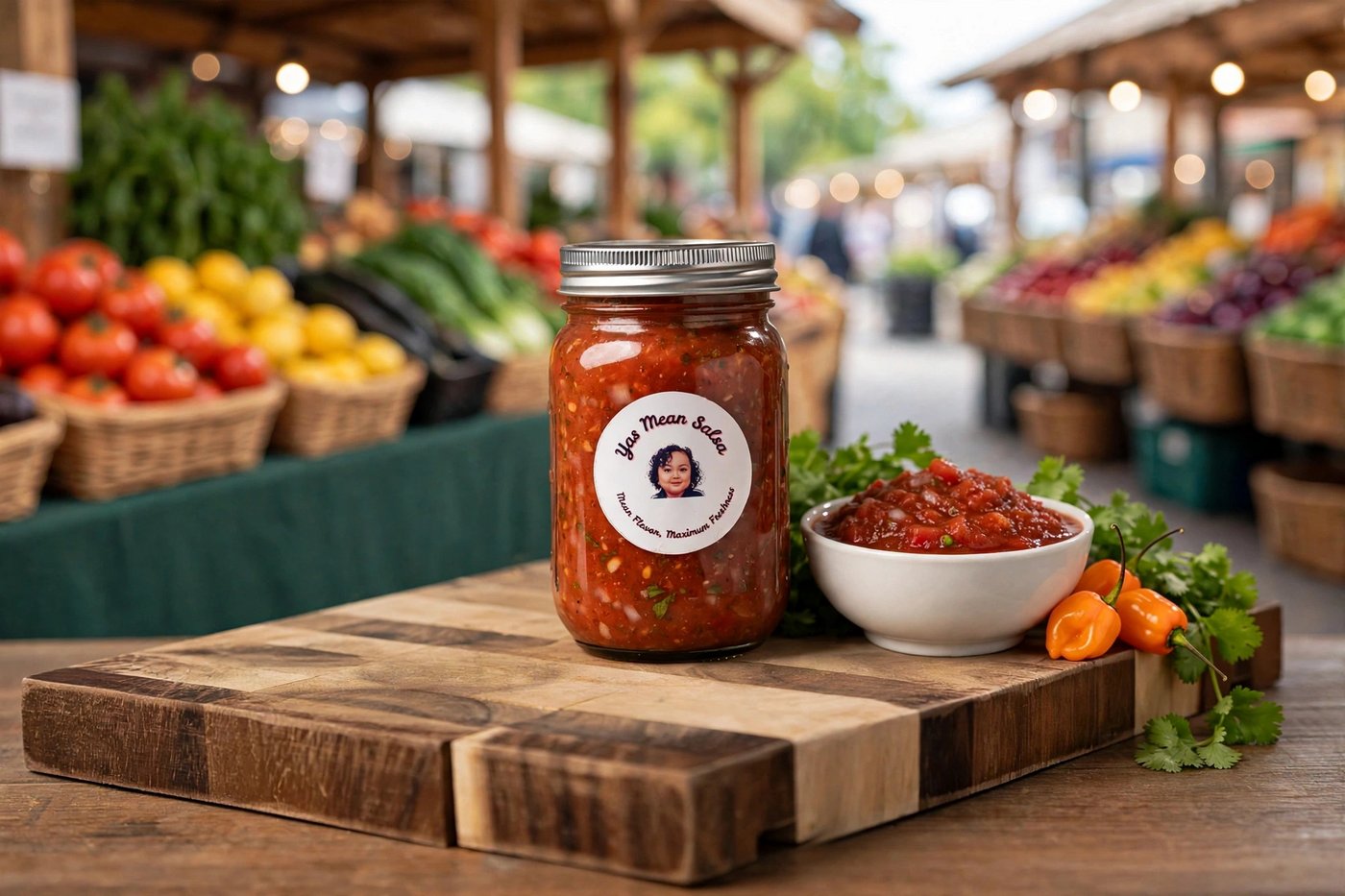 Jar of Yas Mean Salsa red salsa on a wooden board with a bowl of salsa, cilantro, and peppers at a farmers market