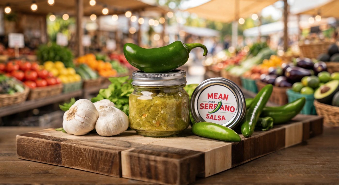 Small 8oz jar of Mean Green Serrano Salsa with its lid label beside it, surrounded by fresh serrano chiles and garlic at a farmers market
